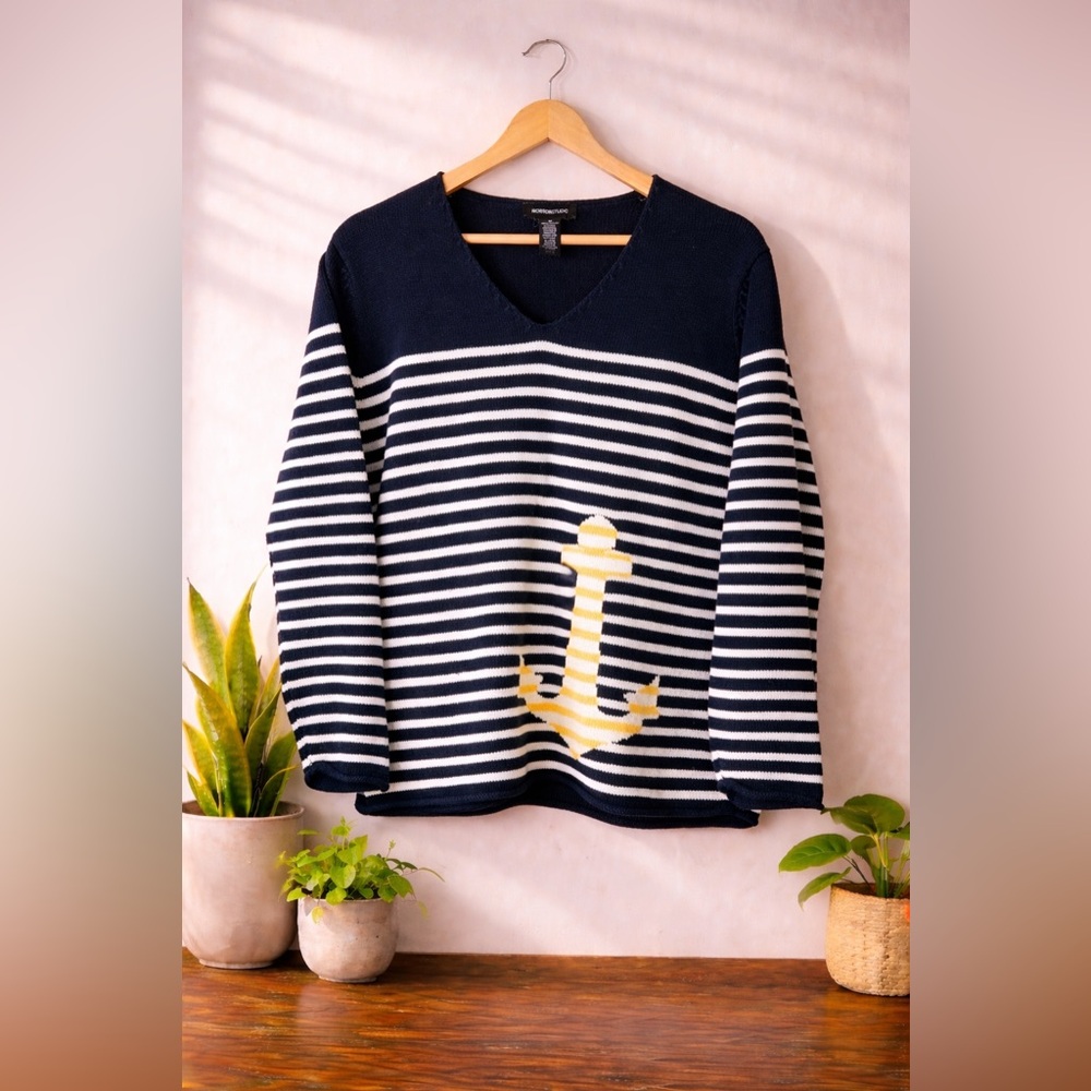Norton Studio Nautical Anchor Sweater Navy White Stripe Cotton V-Neck Womens Med